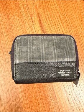 Jack Spade Gray Plaid & Black Pebbled Zip Card Wallet